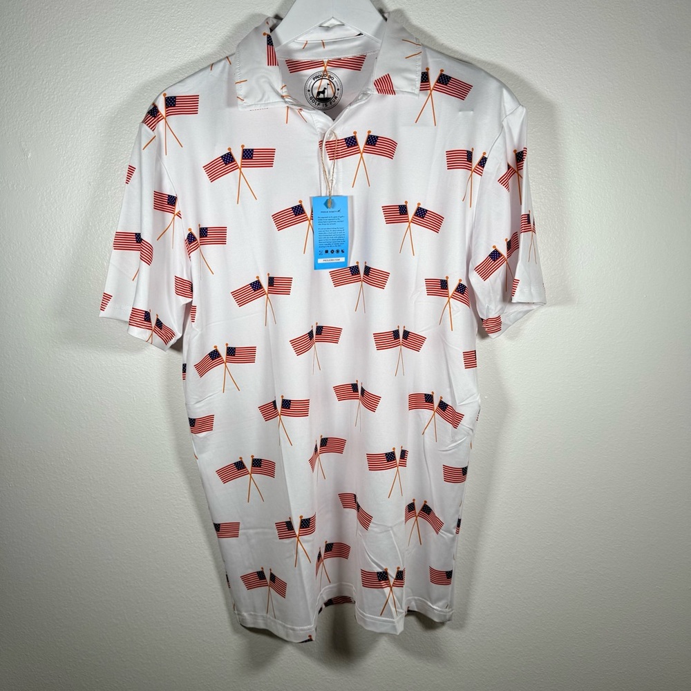NWT Proud 90 Golf Is Fun Polo Shirt USA Flag Print Performance Stretch Medium